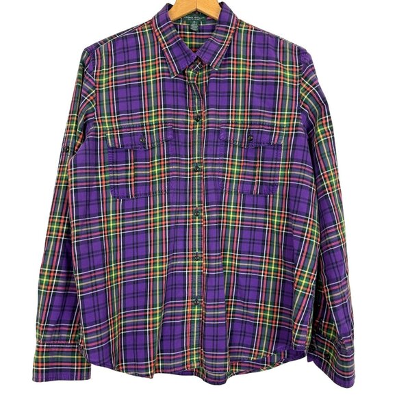 LRL Ralph Lauren Women's Plaid Button-Up Shirt Sz XL Flannel Long Sleeve Purple - Picture 1 of 11